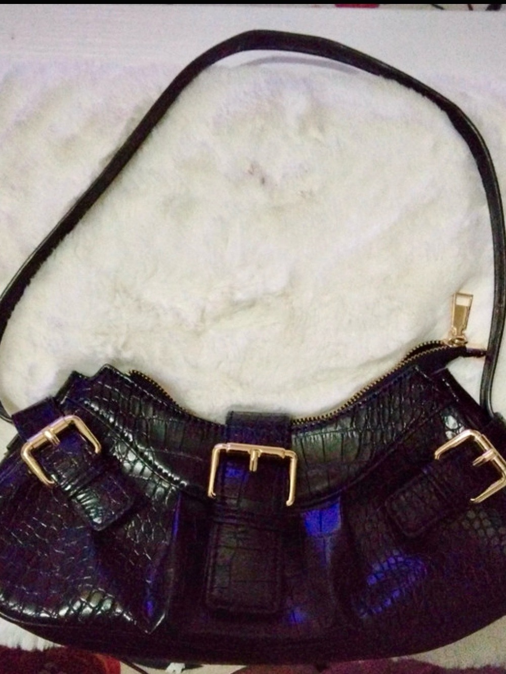 Princess Polly Black Croc-Embossed Mini Shoulder Bag with Gold Buckles
